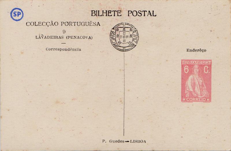 0426 v.jpg -     Lote:    426 (verso)                   Descrição:         1921 &mdash; Ceres. Bilhetes Postais Particulares. Coleção Portuguesa. OM5, 6C rosa escuro (n.º 9 &mdash; Lavadeiras de Penacova). Novo.        IN       Valor Base:     &euro; 8,00     Valor Venda:     &euro;      